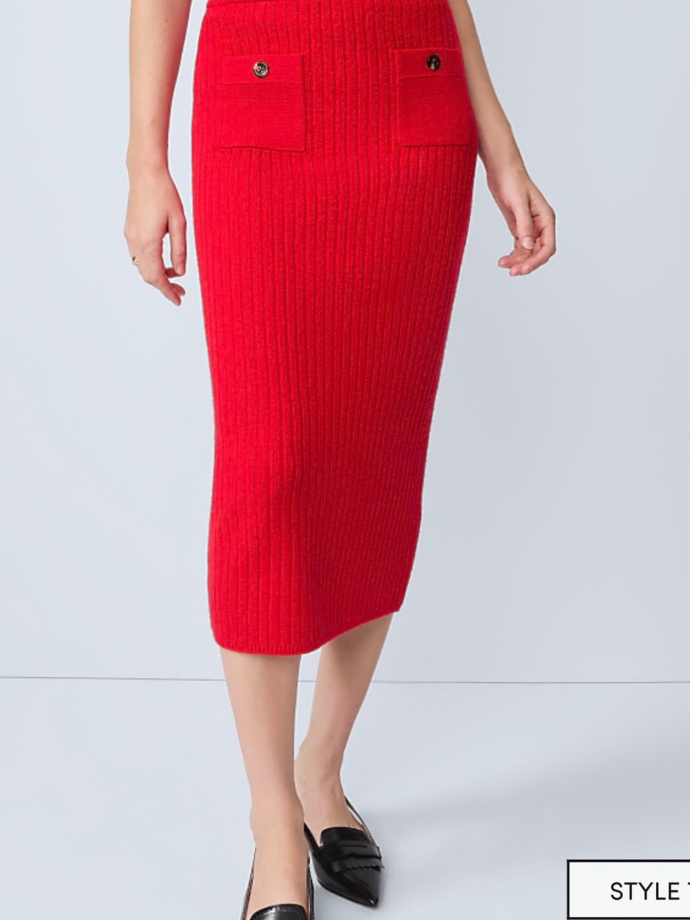 Ann Taylor Red Ribbed Midi Skirt with Front Patch Pockets